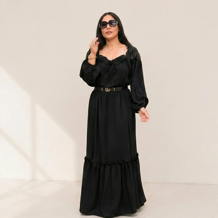 BLACK SMOCKED LONG DRESS