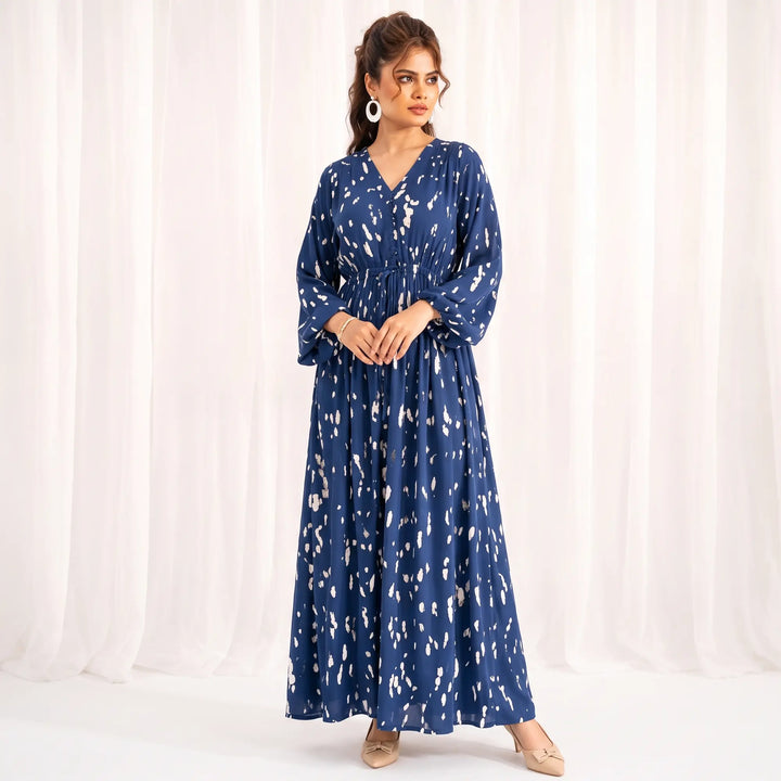 BLUE ABSTRACT PRINTED LONG DRESS