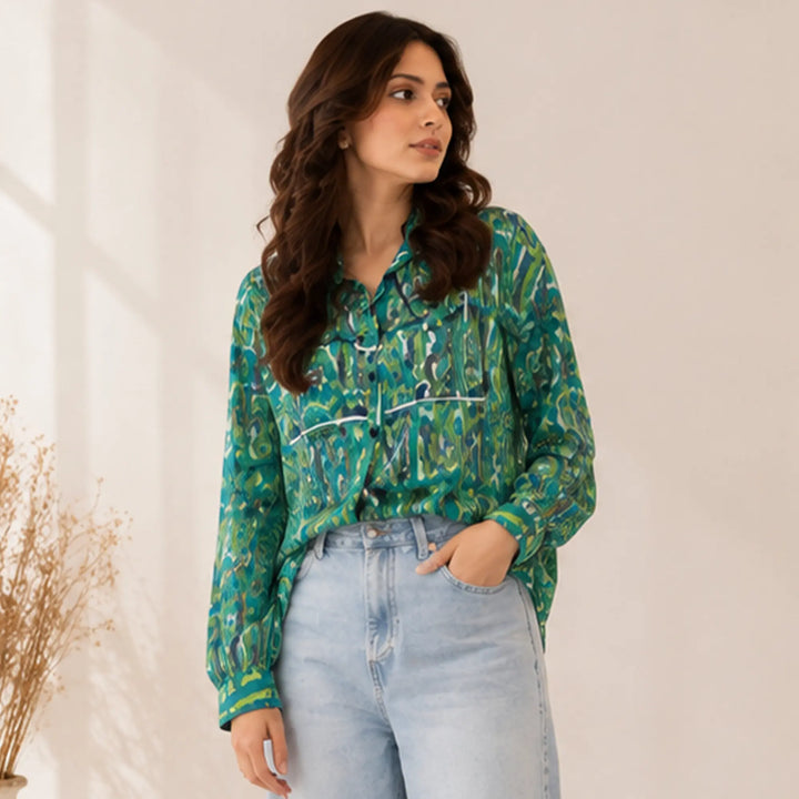 GREEN PRINTED BUTTON DOWN SHIRT