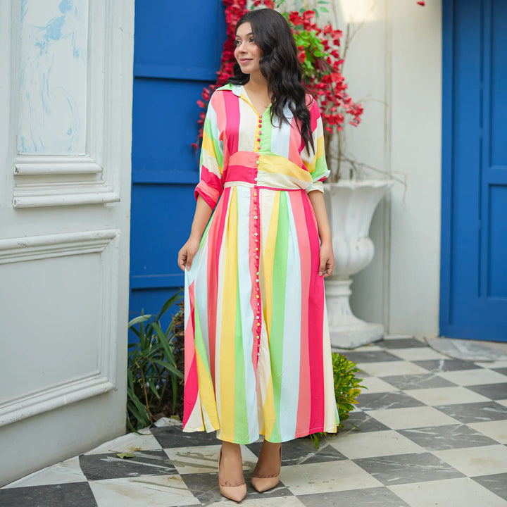 MULTI STRIPED LONG DRES