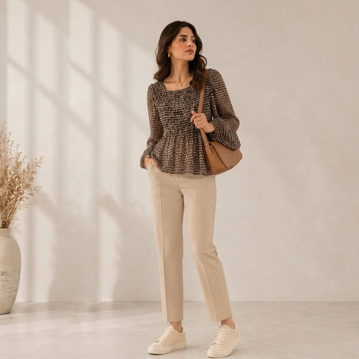 PRINTED SMOCKED PEPLUM TOP