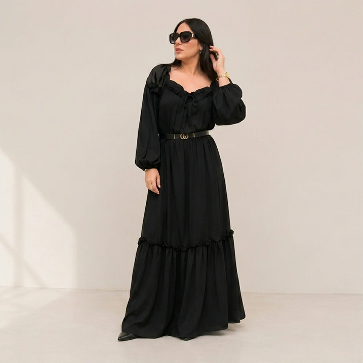 BLACK SMOCKED LONG DRESS