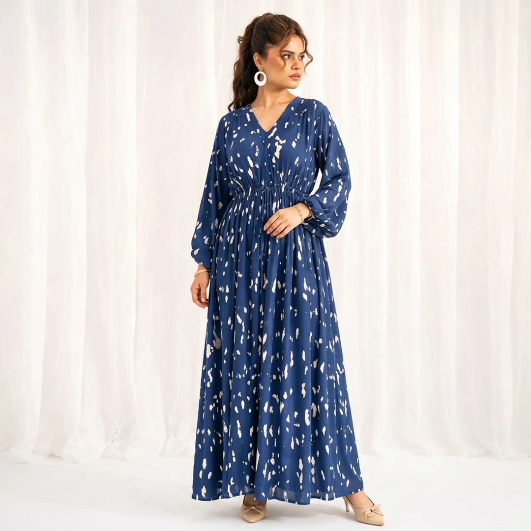 BLUE ABSTRACT PRINTED LONG DRESS
