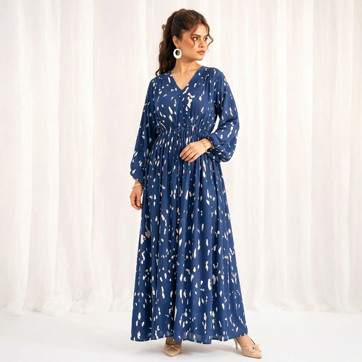 BLUE ABSTRACT PRINTED LONG DRESS