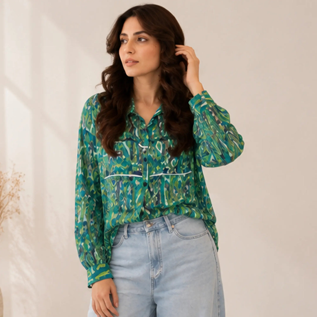 GREEN PRINTED BUTTON DOWN SHIRT