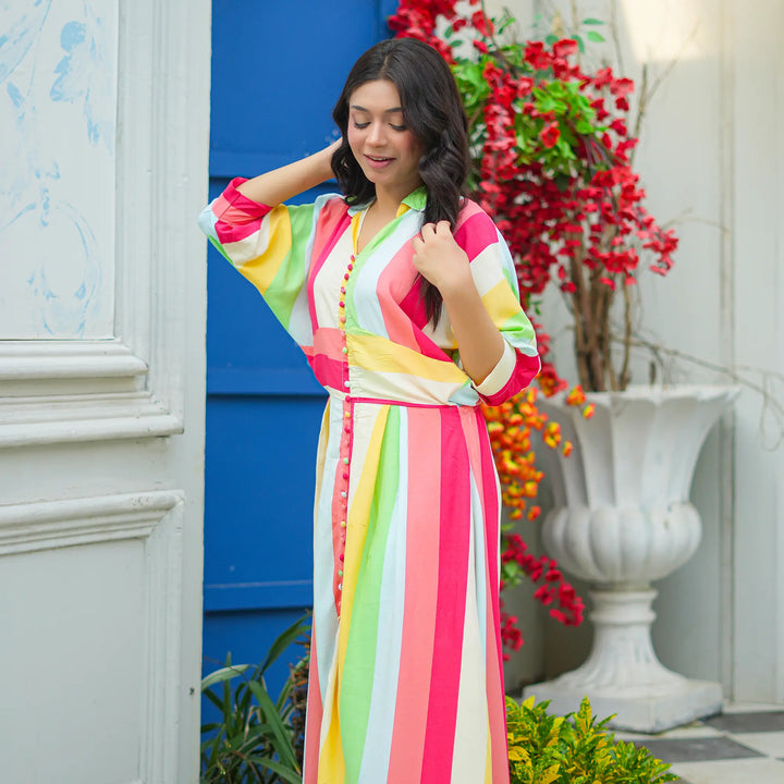 MULTI STRIPED LONG DRES