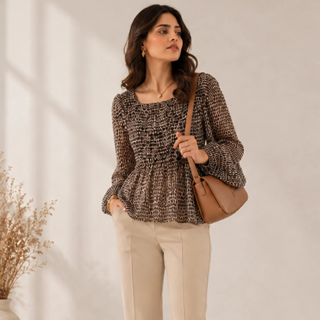 PRINTED SMOCKED PEPLUM TOP