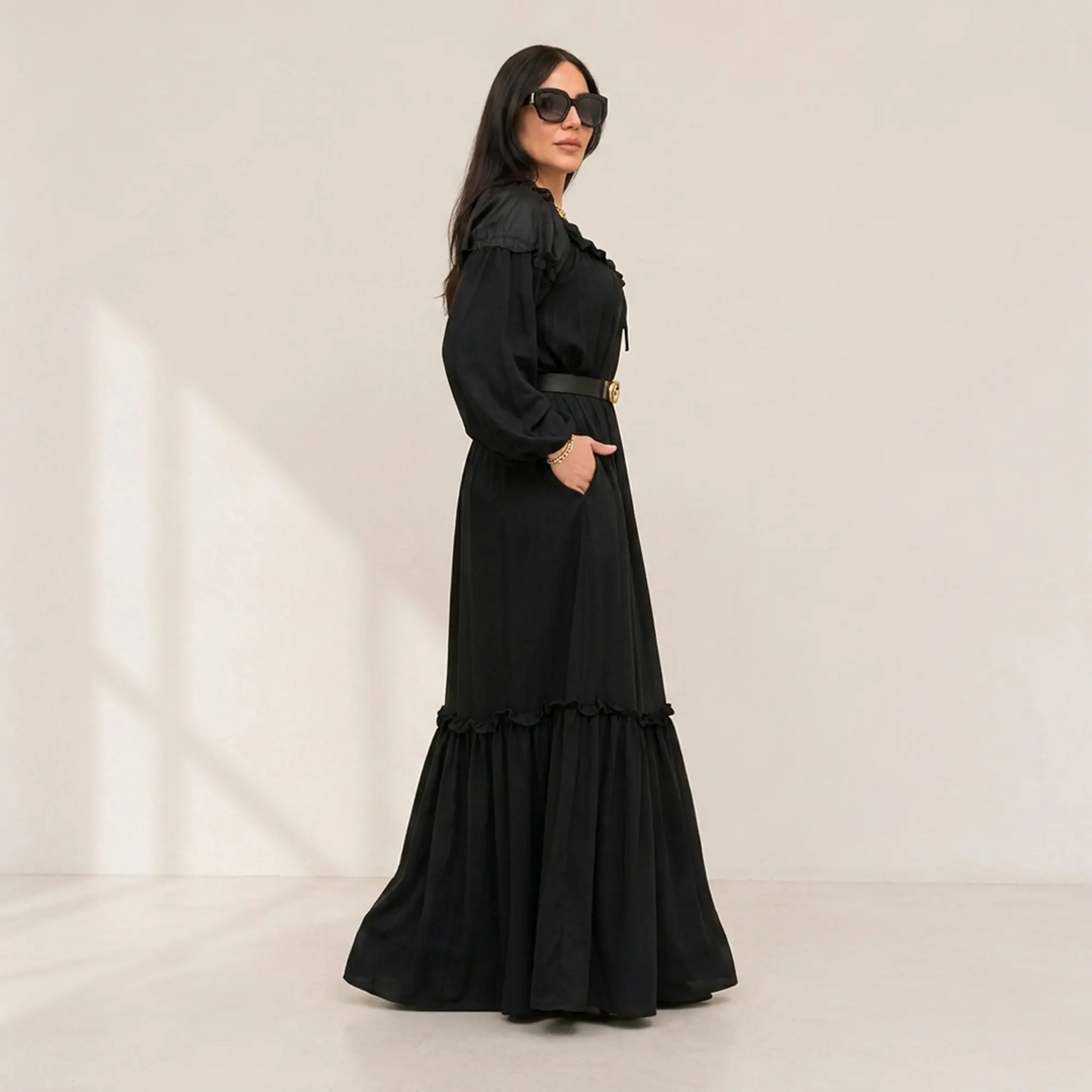 BLACK SMOCKED LONG DRESS