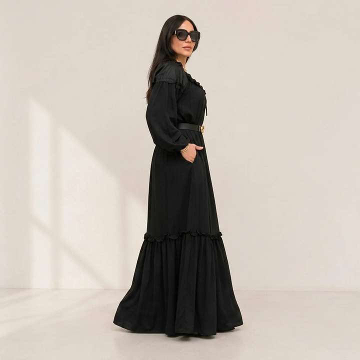 BLACK SMOCKED LONG DRESS