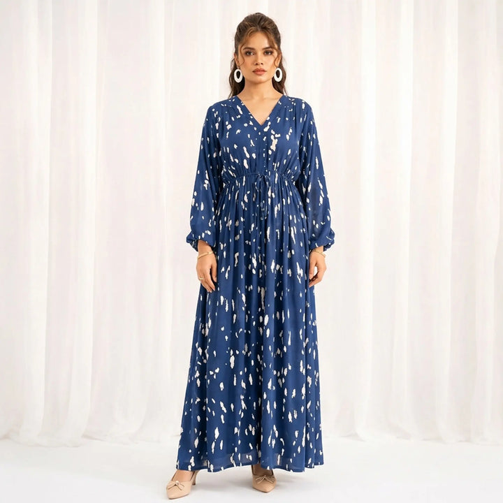 BLUE ABSTRACT PRINTED LONG DRESS