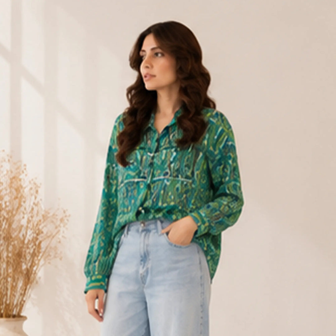GREEN PRINTED BUTTON DOWN SHIRT