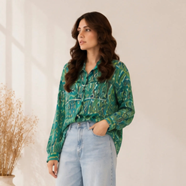 GREEN PRINTED BUTTON DOWN SHIRT
