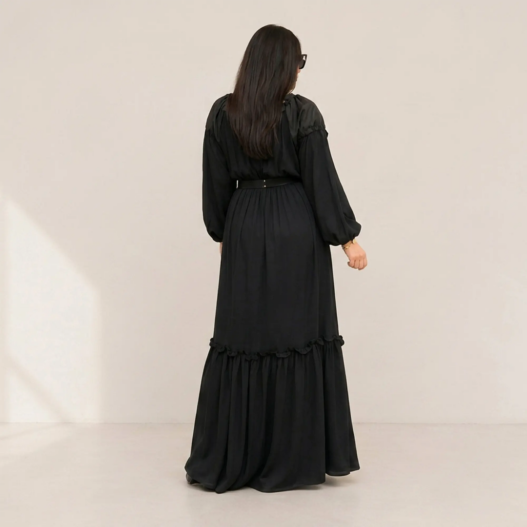 BLACK SMOCKED LONG DRESS