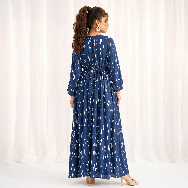 BLUE ABSTRACT PRINTED LONG DRESS