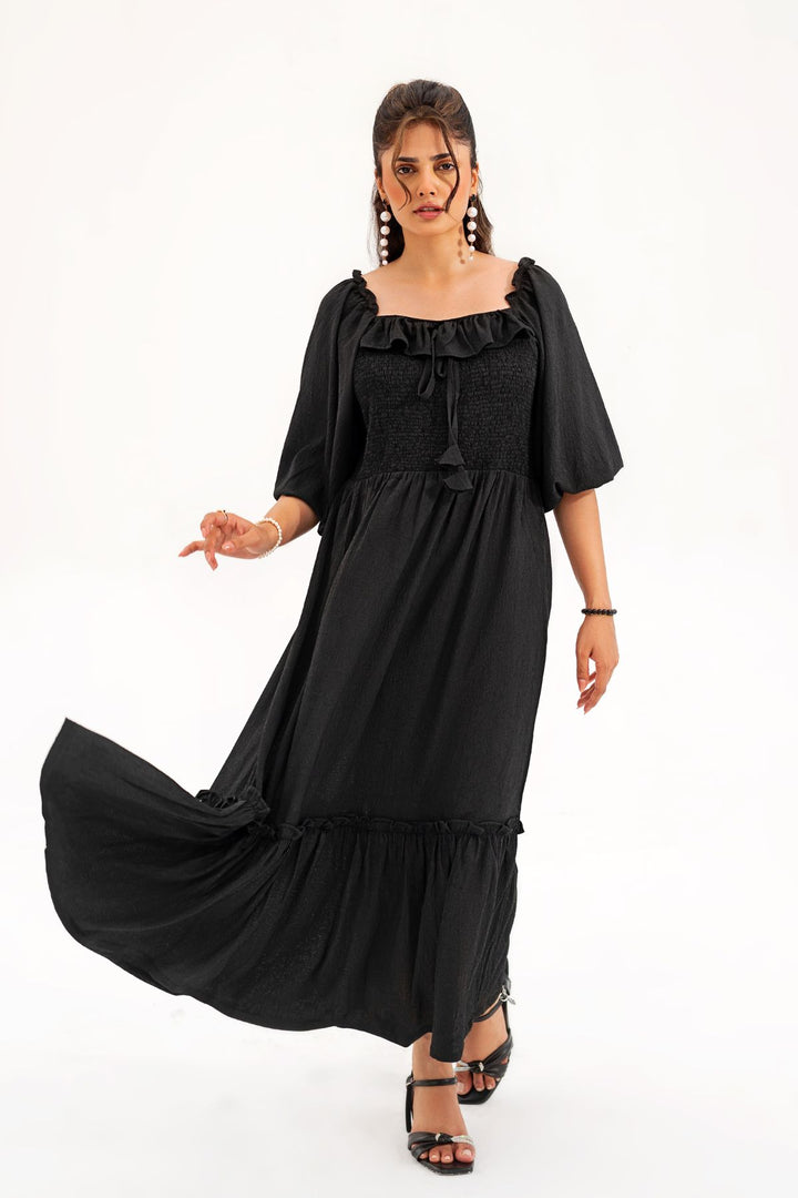 BLACK SMOCKED LONG DRESS