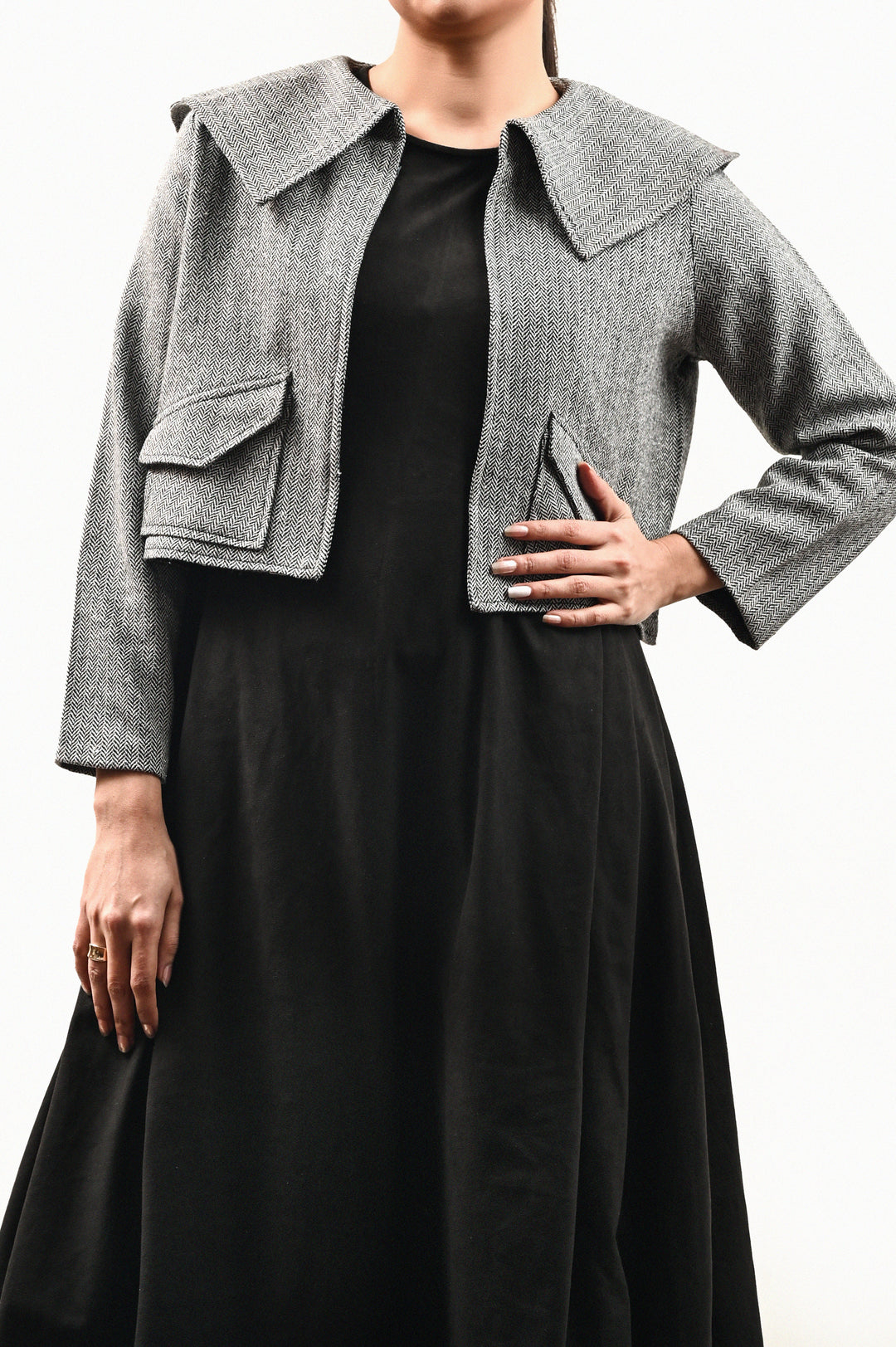 Elegant Cropped Jacket with Long Dress (Semi-Aniline Leather)