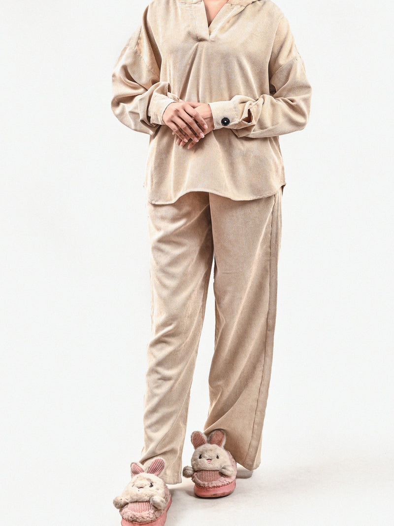 Cozy Beige Ribbed Corduroy Co-ord Set