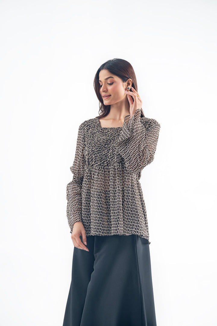 PRINTED SMOCKED PEPLUM TOP