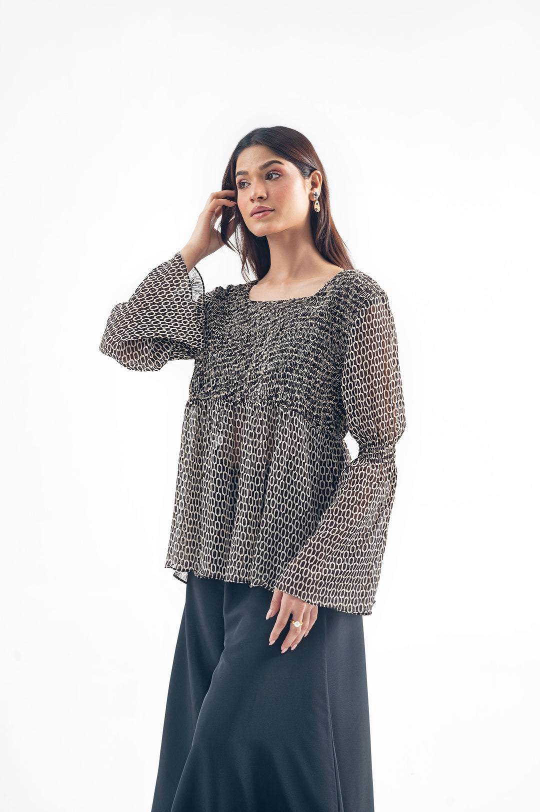 PRINTED SMOCKED PEPLUM TOP
