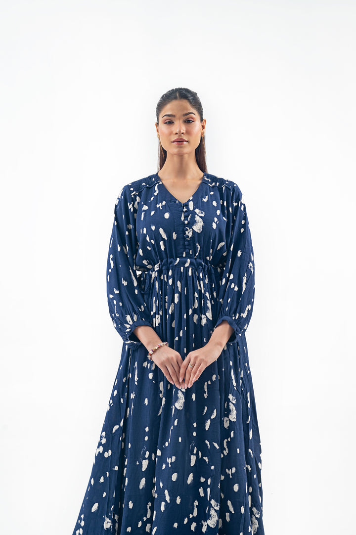 BLUE ABSTRACT PRINTED LONG DRESS