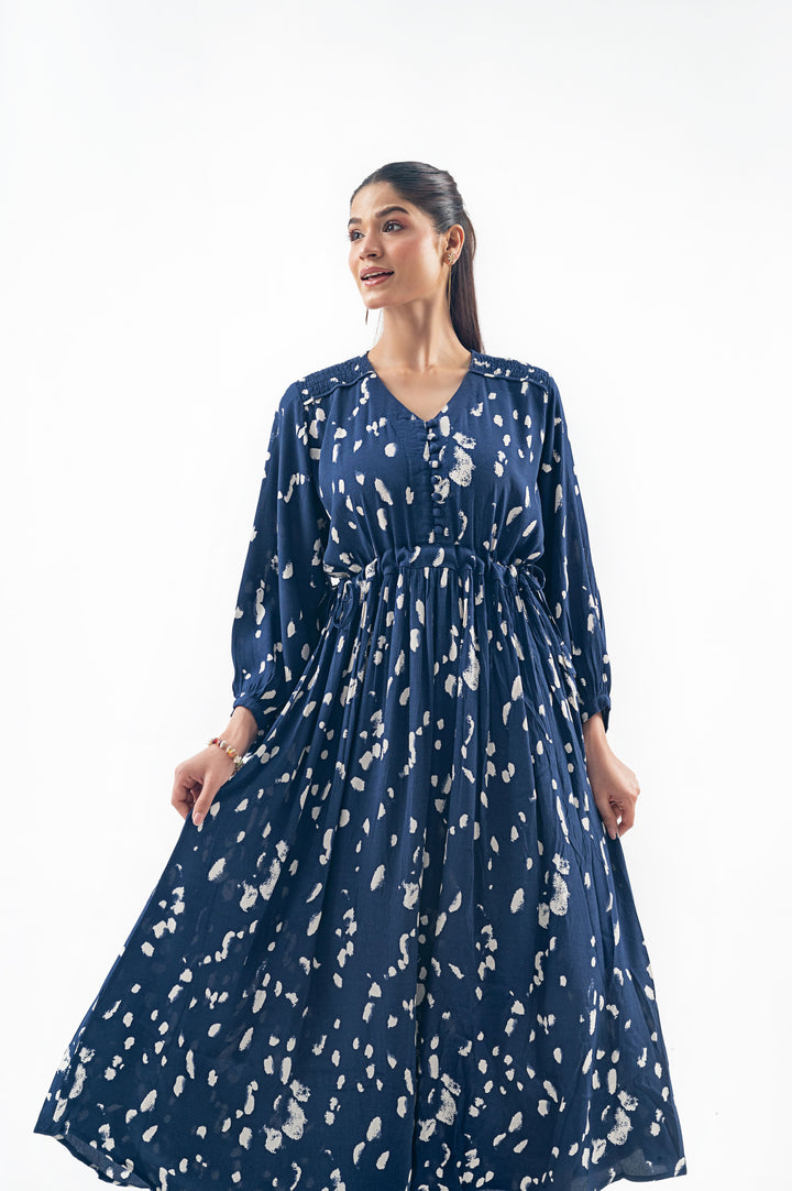 BLUE ABSTRACT PRINTED LONG DRESS