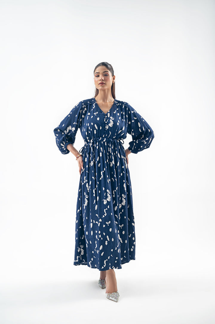 BLUE ABSTRACT PRINTED LONG DRESS