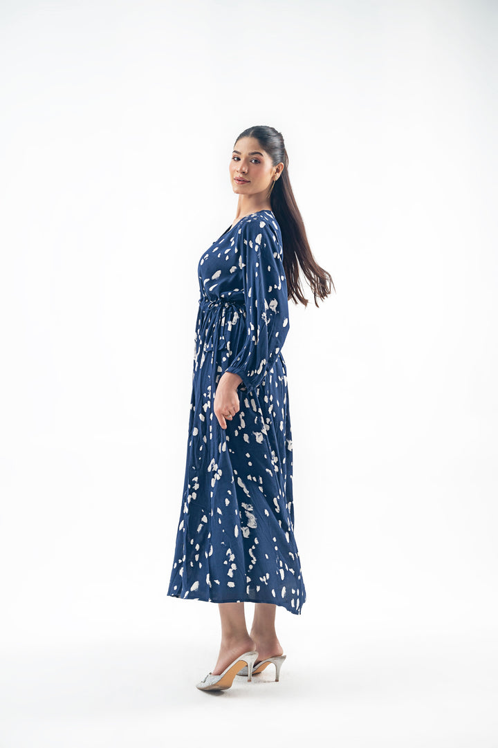 BLUE ABSTRACT PRINTED LONG DRESS