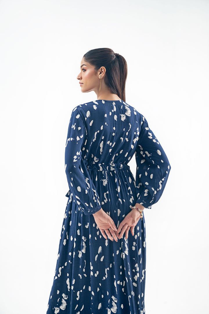 BLUE ABSTRACT PRINTED LONG DRESS