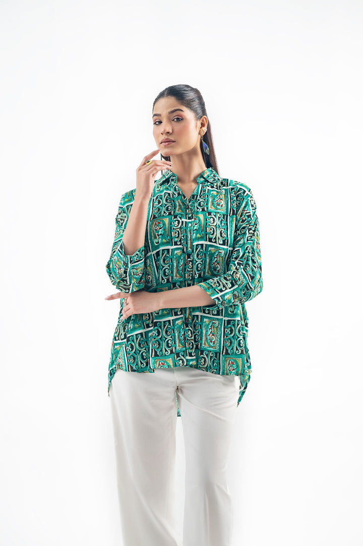 GREEN PRINTED BUTTON DOWN SHIRT