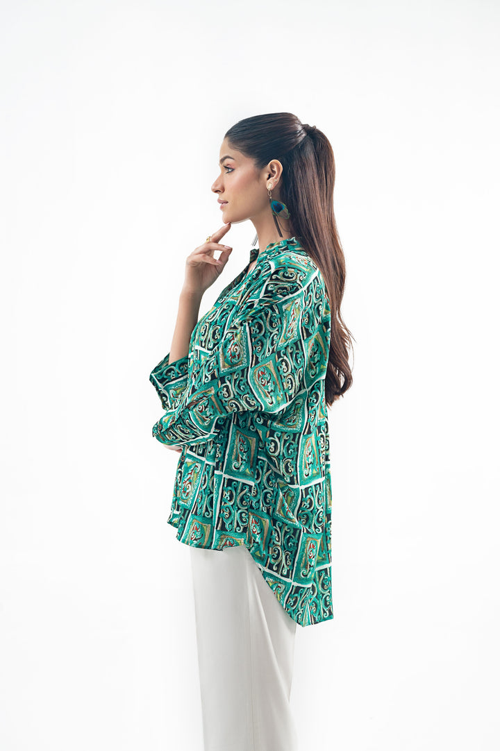 GREEN PRINTED BUTTON DOWN SHIRT