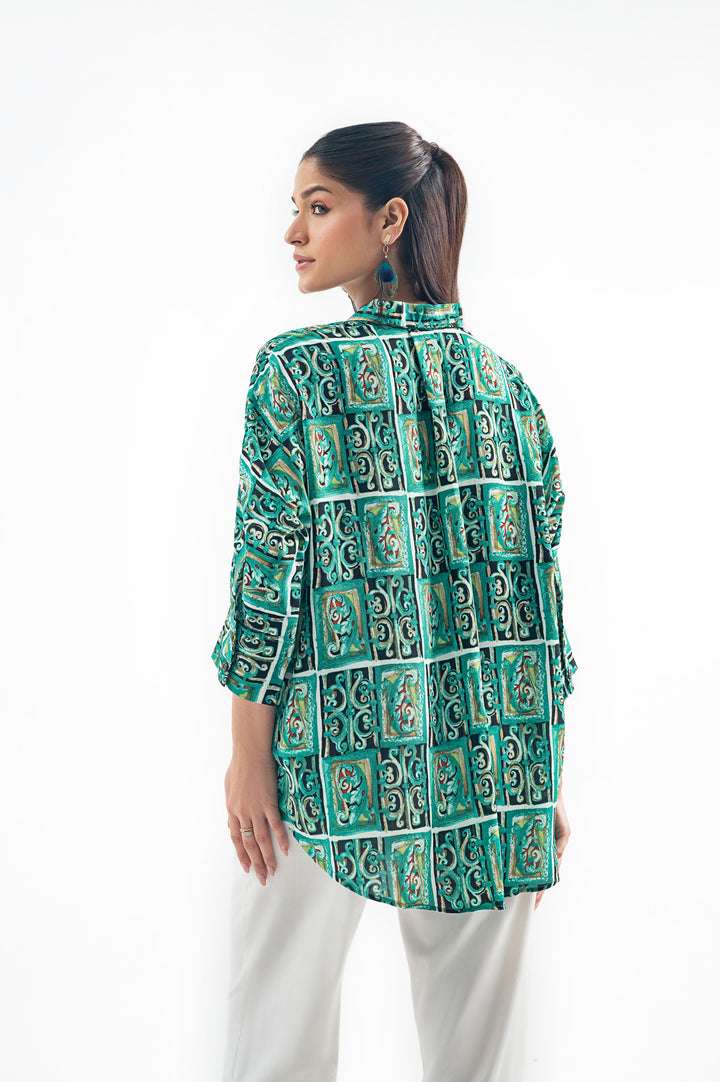 GREEN PRINTED BUTTON DOWN SHIRT