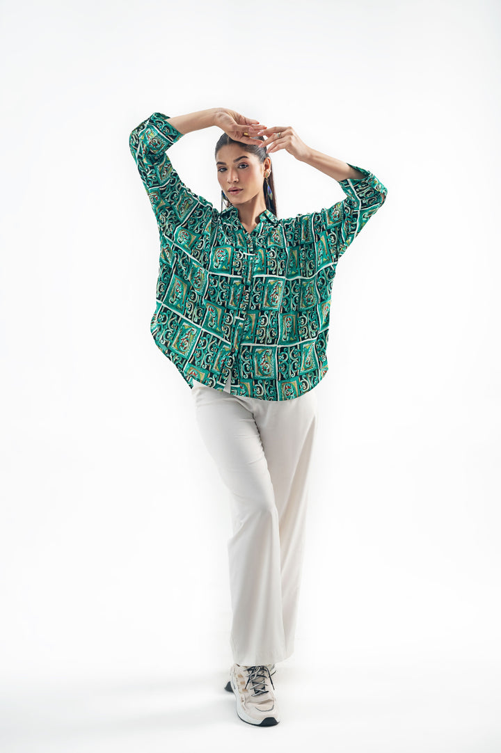 GREEN PRINTED BUTTON DOWN SHIRT