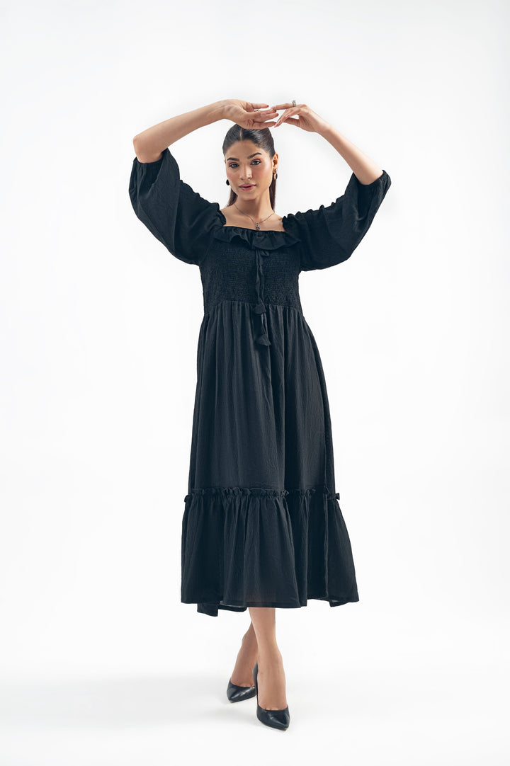 BLACK SMOCKED LONG DRESS
