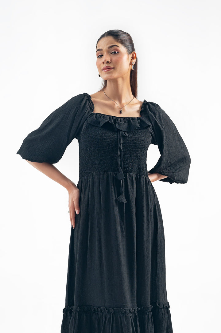 BLACK SMOCKED LONG DRESS
