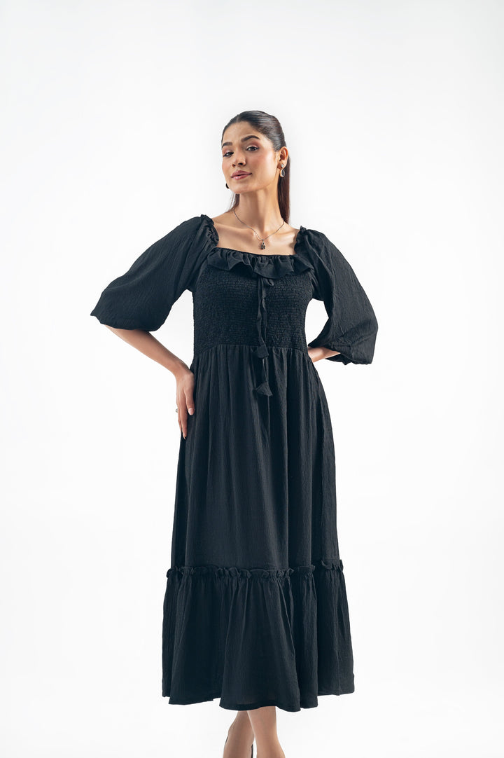 BLACK SMOCKED LONG DRESS