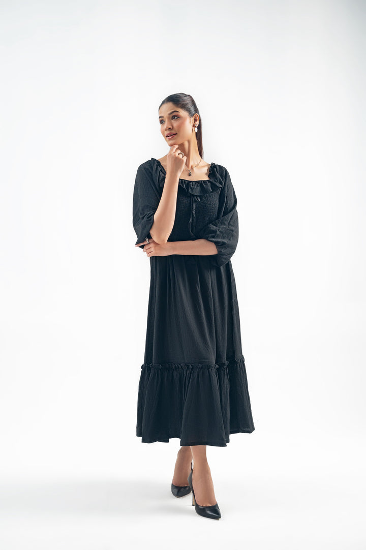 BLACK SMOCKED LONG DRESS