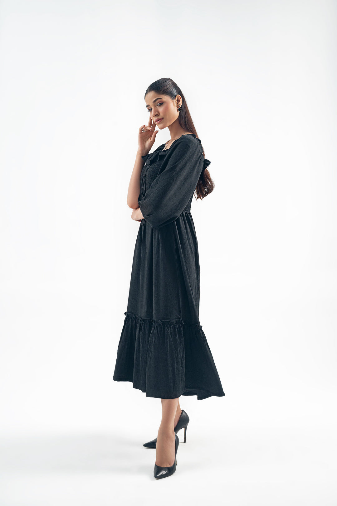 BLACK SMOCKED LONG DRESS