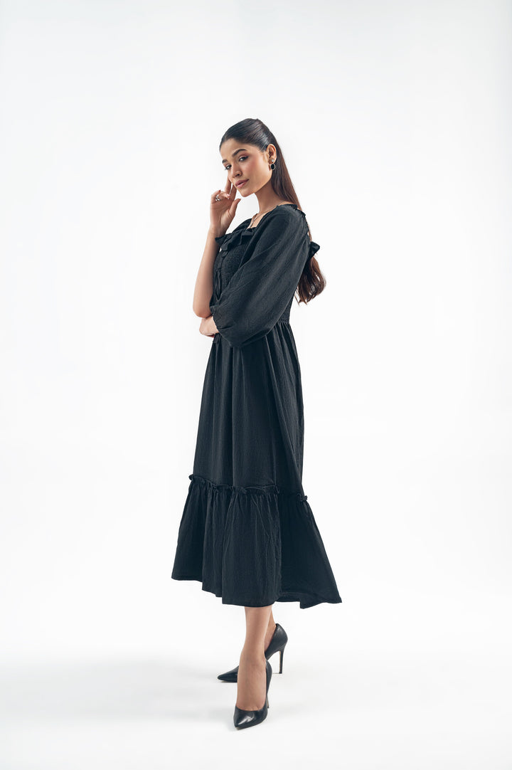BLACK SMOCKED LONG DRESS