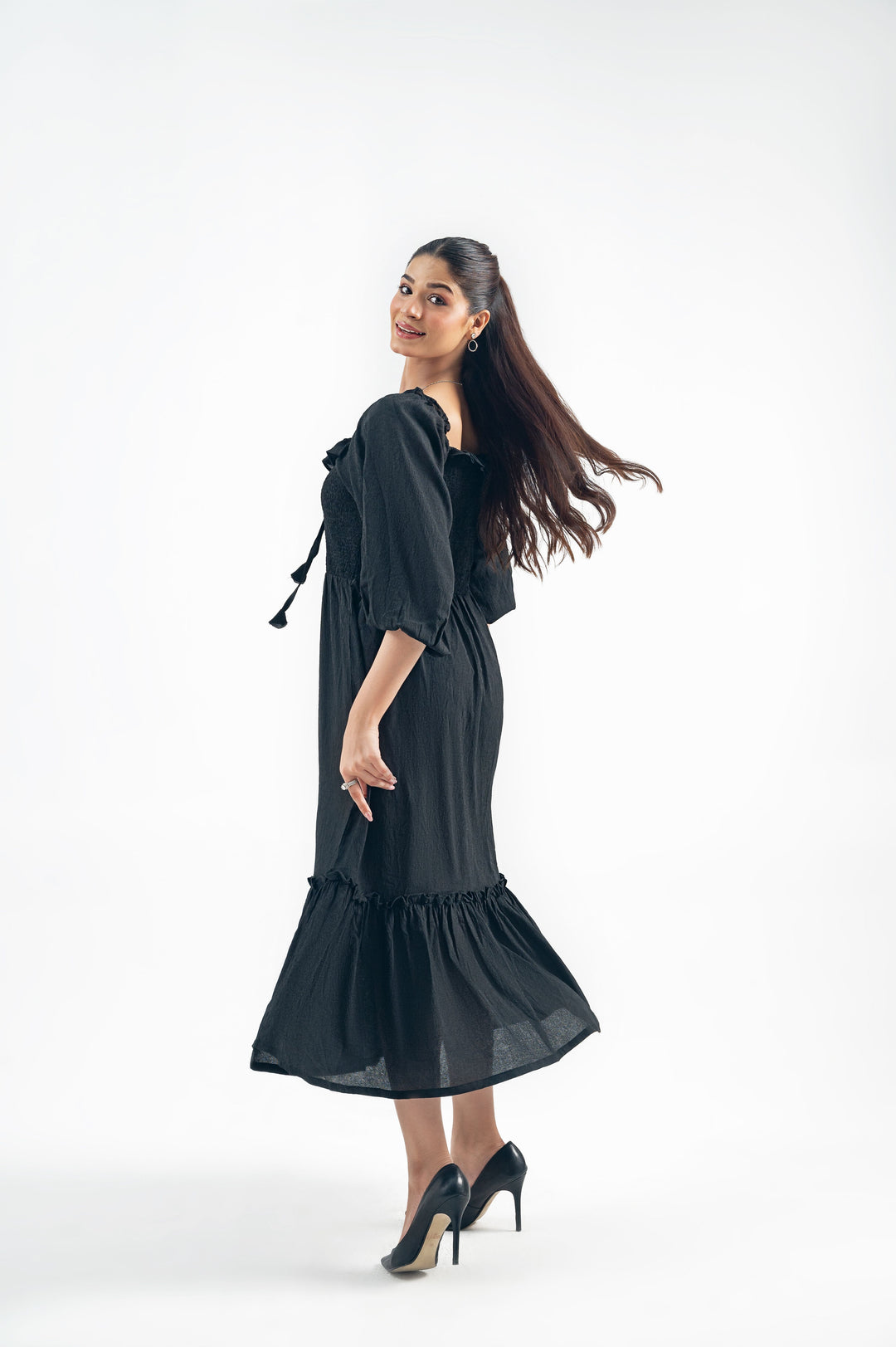BLACK SMOCKED LONG DRESS